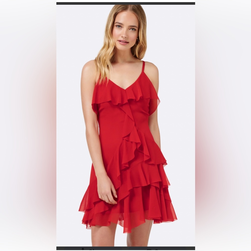 Alice + Olivia Red Ruffled Sleeveless Dress